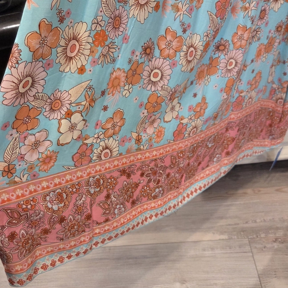 Cupshe Floral Maxi Dress With Cinched Ruffle Top- in Aqua & Coral - Picture 10 of 14